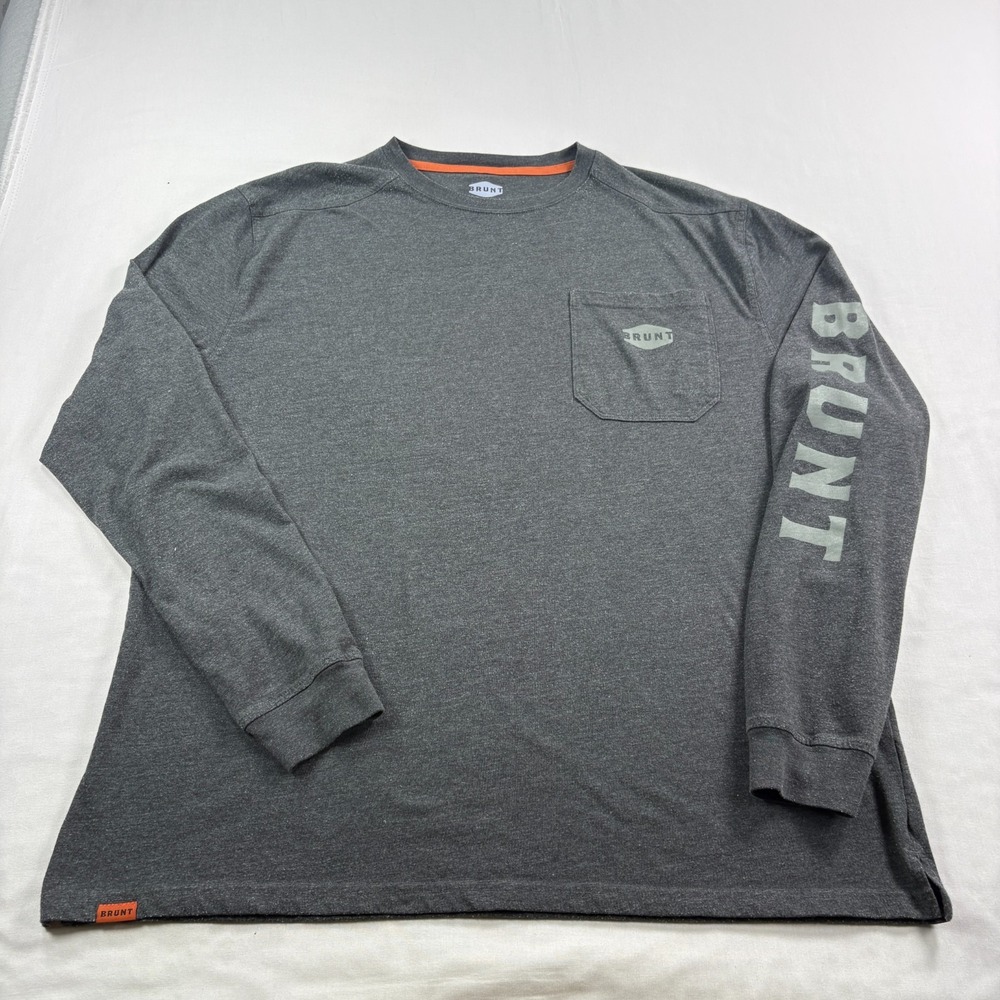 Brunt Workwear Shirt Mens XL Gray Long Sleeve Crew Neck Pocket Tee Spell Out